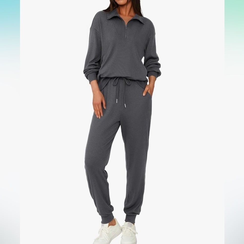 Women's Gray Ribbed Tracksuit sz M EUC